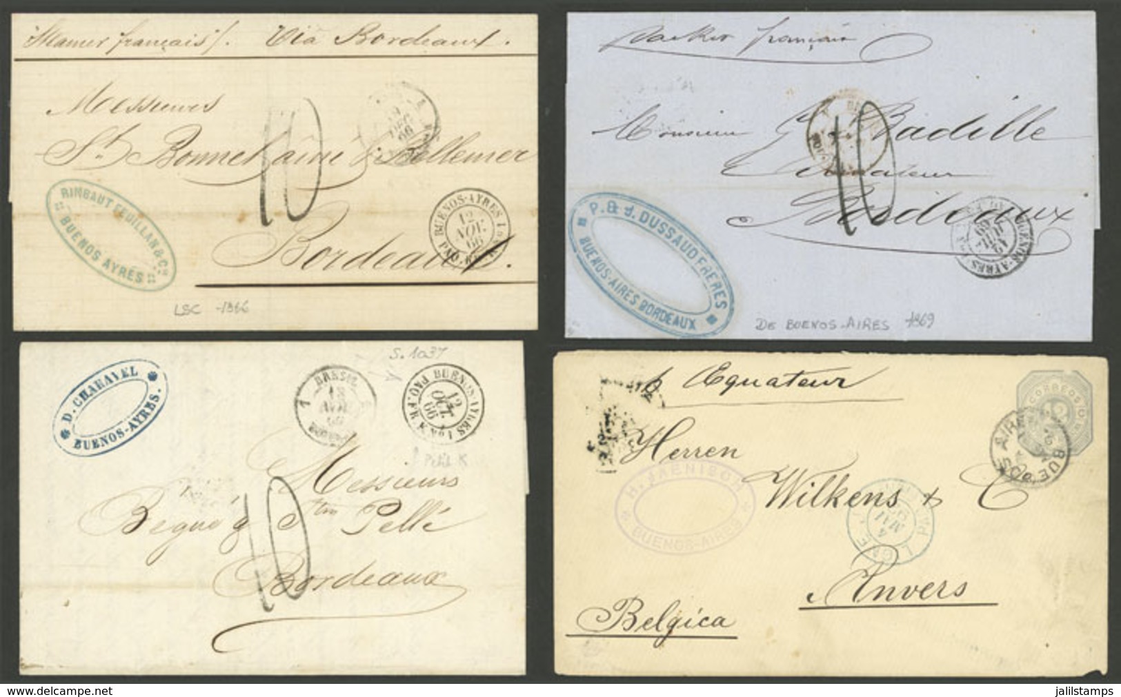 ARGENTINA: 3 Letters Or Folded Covers Of The Year 1866 And 1869 + 1 Stationery Envelope Of 1892, Sent To France And Belg - Sonstige & Ohne Zuordnung