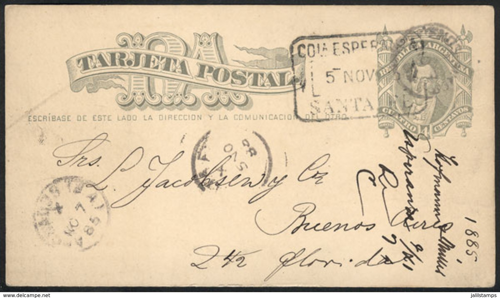 ARGENTINA: 4c. Postal Card Sent To Buenos Aires On 5/NO/1885, With Rectangular Datestamp "COLONIA ESPERANZA - STA. FE",  - Otros & Sin Clasificación