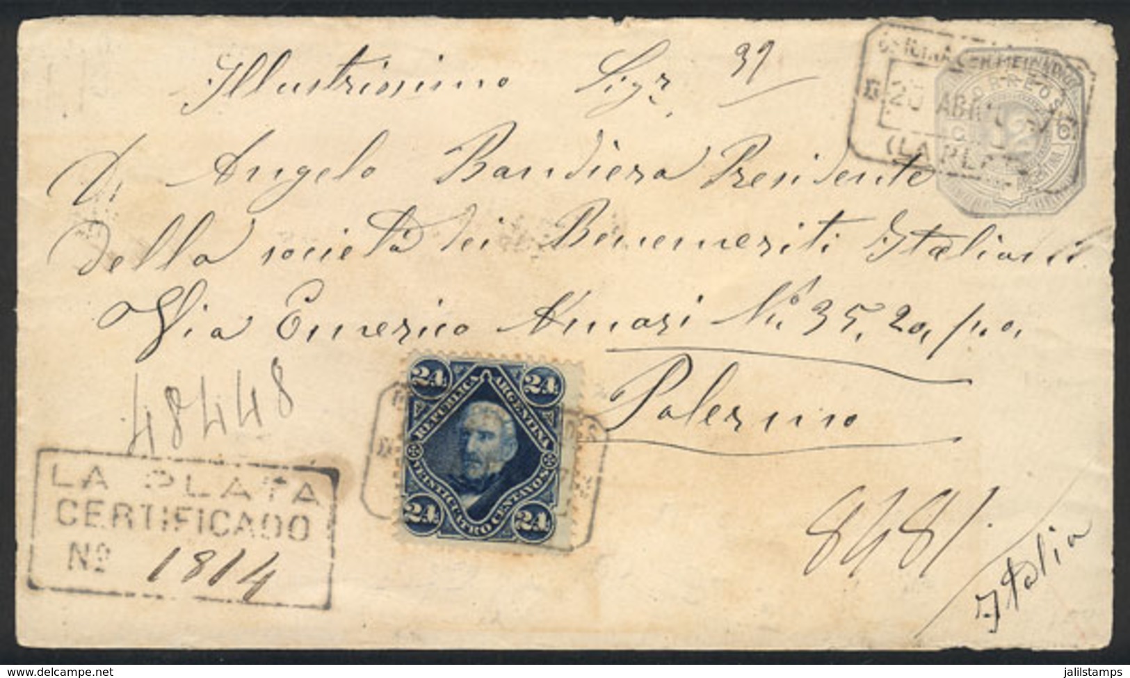 ARGENTINA: 12c. Stationery Envelope + 24c. San Martín (GJ.55), Sent By Registered Mail From LA PLATA To Italy On 20/AP/1 - Sonstige & Ohne Zuordnung