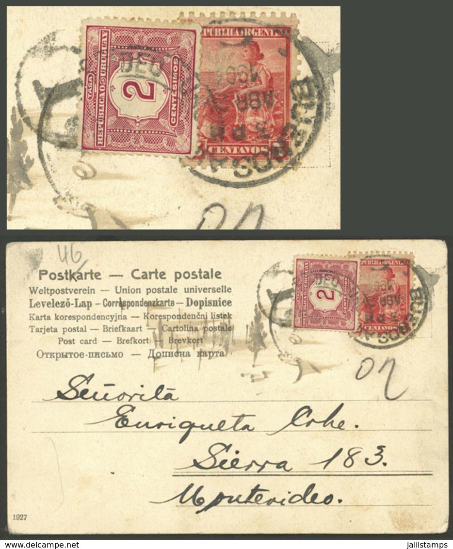 ARGENTINA: Postcard Sent From Buenos Aires To Montevideo On 24/AP/1903 Franked With 5c. Seated Liberty, With Uruguay POS - Otros & Sin Clasificación