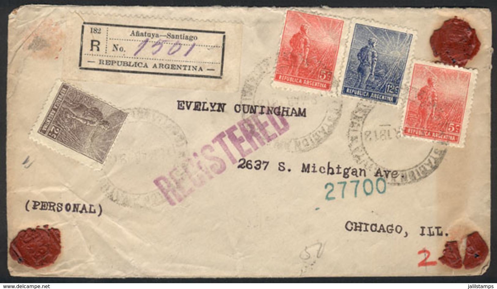ARGENTINA: Registered Cover Sent From AÑATUYA (Santiago Del Estero) To USA On 18/MAR/1913, Franked With 24c. (Plowman 2c - Sonstige & Ohne Zuordnung