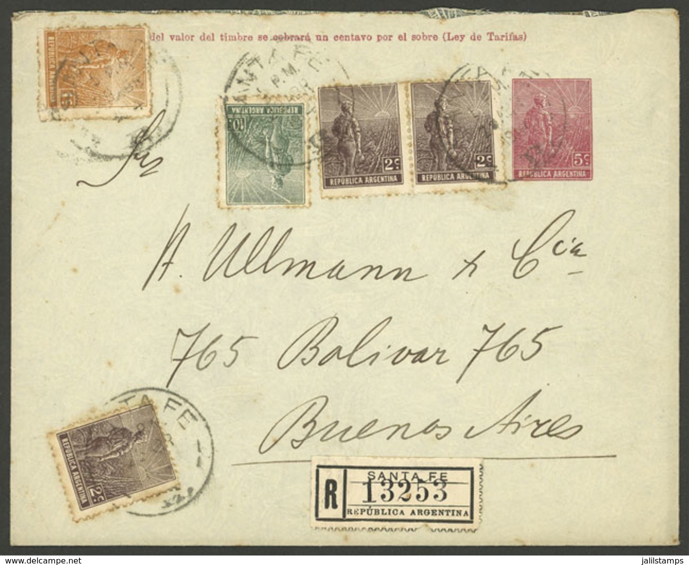 ARGENTINA: 5c. Plowman Stationery Envelope With Very Colorful Additional Postage (total 22c.) Sent By Registered Mail Fr - Sonstige & Ohne Zuordnung