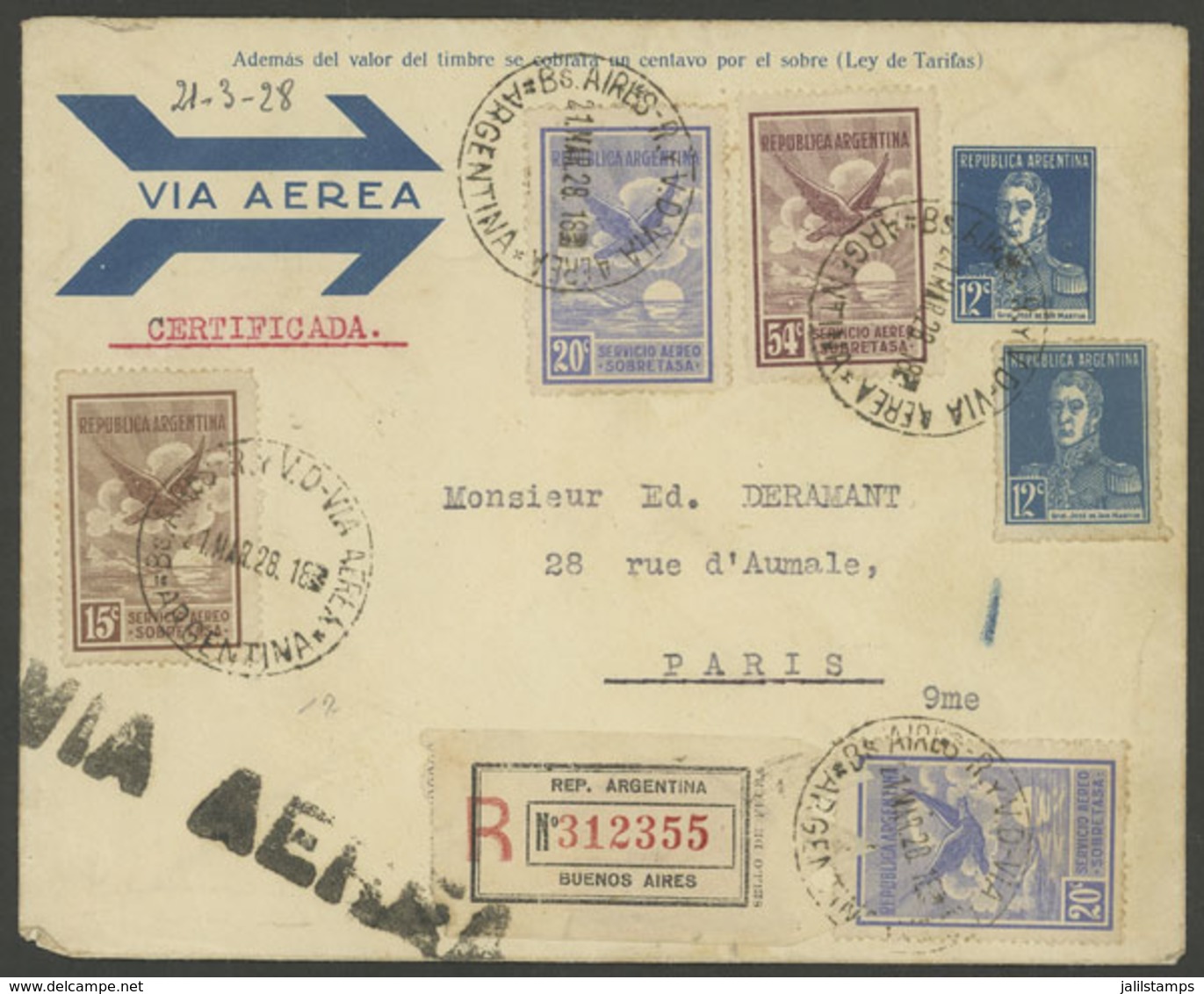 ARGENTINA: 21/MAR/1928 Buenos Aires - France, Stationery Envelope For Airmail Of 12c. + Additional Postage (total 1.33P. - Sonstige & Ohne Zuordnung