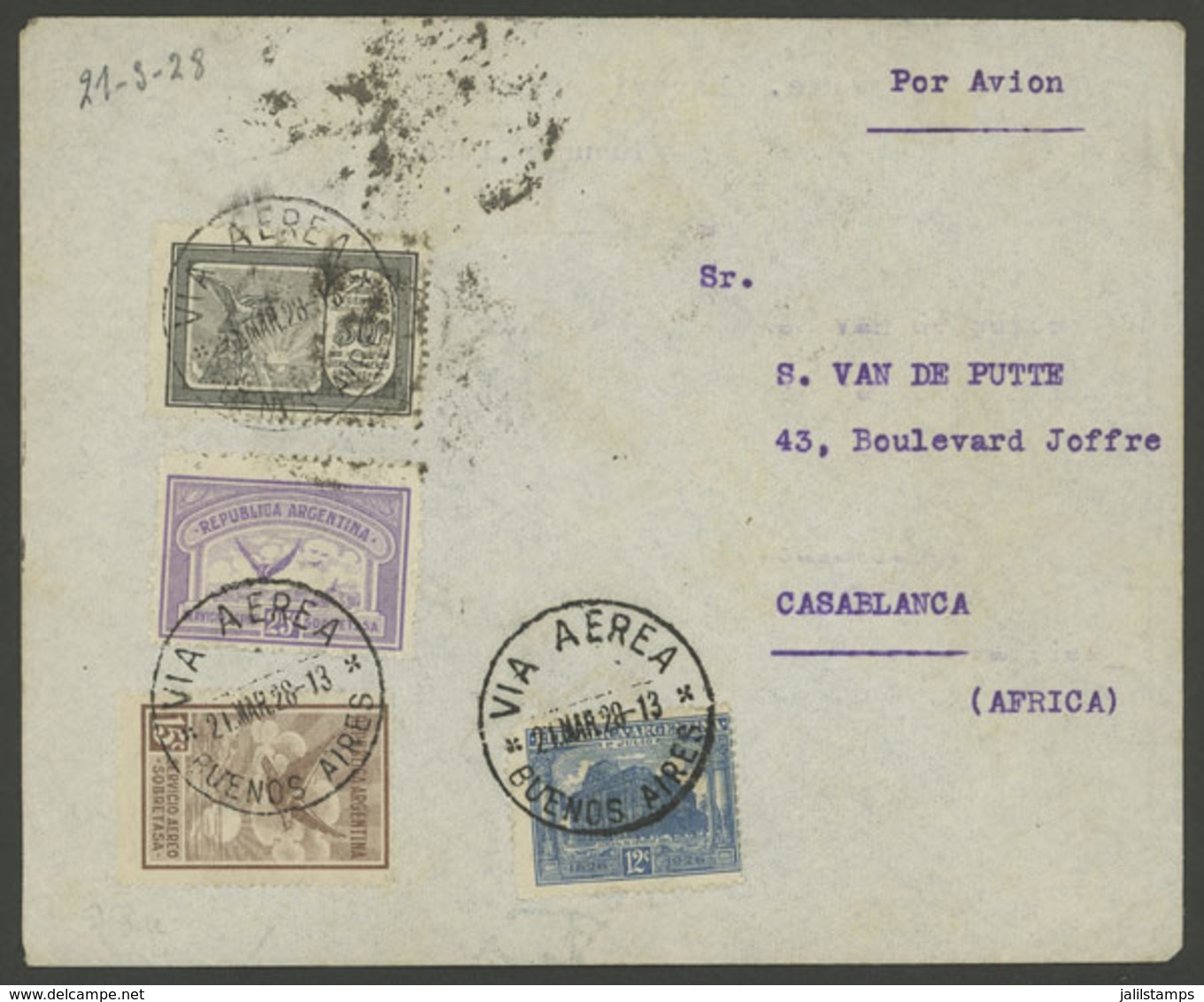 ARGENTINA: 21/MAR/1929 Buenos Aires - Morocco, Airmail Cover Sent By Aeropostale, Arrival Backstamp Of Casablanca 15/AP, - Other & Unclassified