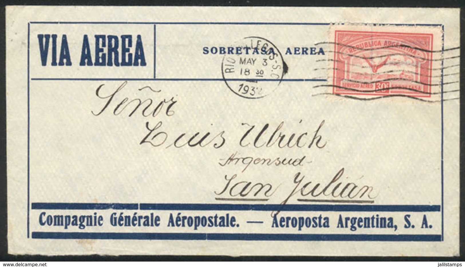 ARGENTINA: 3/MAY/1932 Río Gallegos - San Julián, Airmail Cover Sent By Aeroposta Argentina S.A. Franked With 30c., Arriv - Sonstige & Ohne Zuordnung