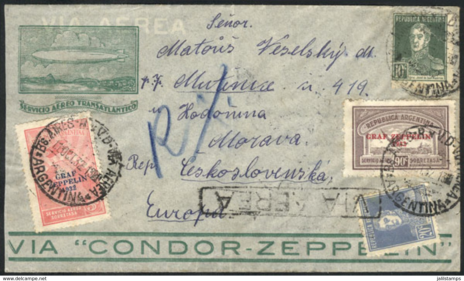 ARGENTINA: 11/OC/1932 Buenos Aires - Czechoslovakia, Via ZEPPELIN: Registered Cover Franked By GJ.722 + Other Values (to - Sonstige & Ohne Zuordnung