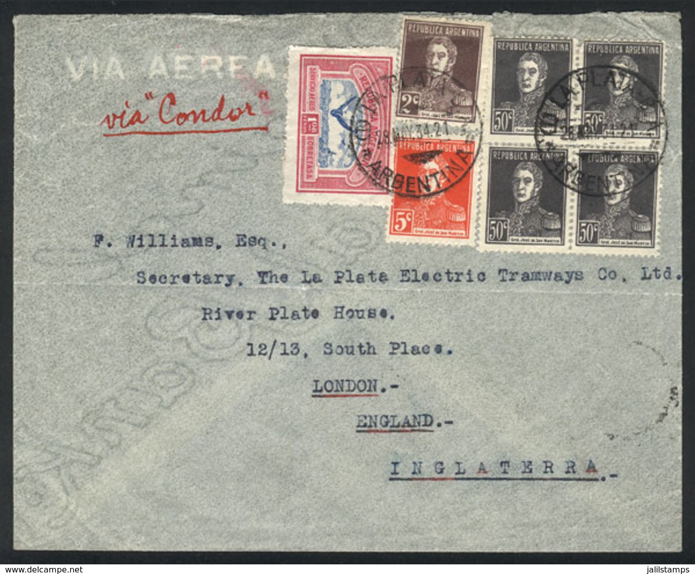 ARGENTINA: Airmail Cover Sent Via ZEPPELIN From La Plata To England On 28/MAY/1934, Franked With 3.15P. Including A Bloc - Sonstige & Ohne Zuordnung