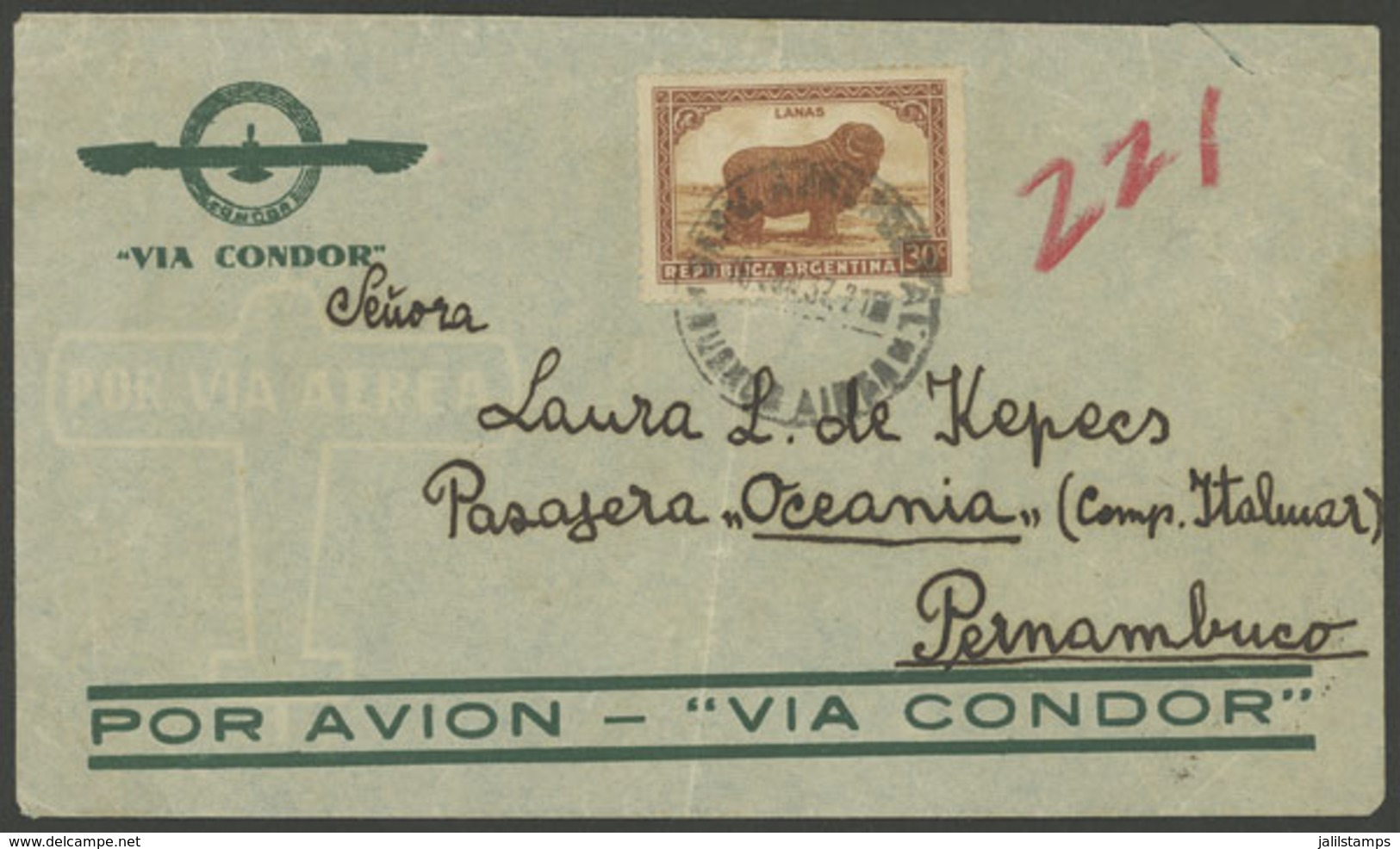 ARGENTINA: Airmail Cover Sent On 10/JUN/1937 By Condor Airline From Buenos Aires To Reach A Passenger Aboard STEAMER OCE - Other & Unclassified