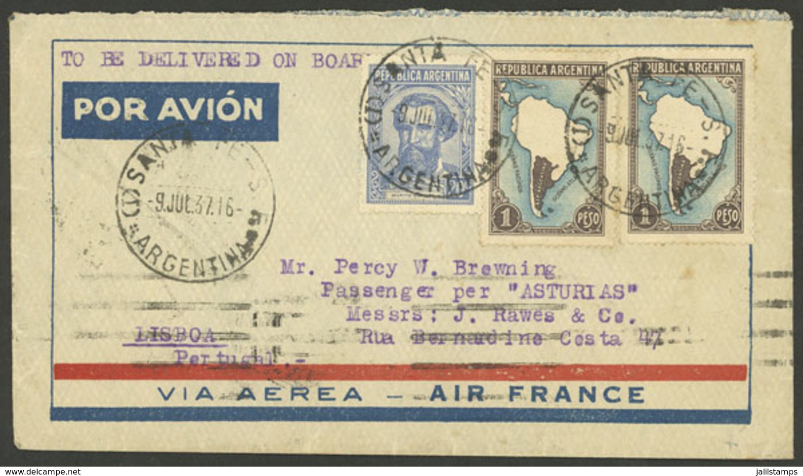 ARGENTINA: Airmail Cover Sent On 9/JUL/1937 By Air France From Santa Fe To Reach A Passenger Aboard STEAMER ASTURAS In I - Otros & Sin Clasificación