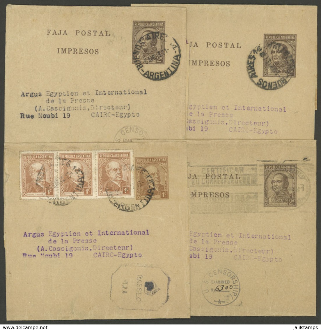 ARGENTINA: 1c. Sarmiento Wrapper With 3c. Additional Postage + 3 Other Wrappers Of 2c. Urquiza Sent To EGYPT In 1942/3,  - Otros & Sin Clasificación