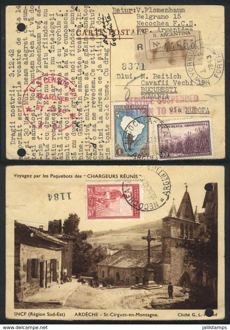 ARGENTINA: Registered Postcard Sent From Necochea To ROMANIA On 10/DE/1942 (franked $1.65). On Transit In USA It Receive - Sonstige & Ohne Zuordnung