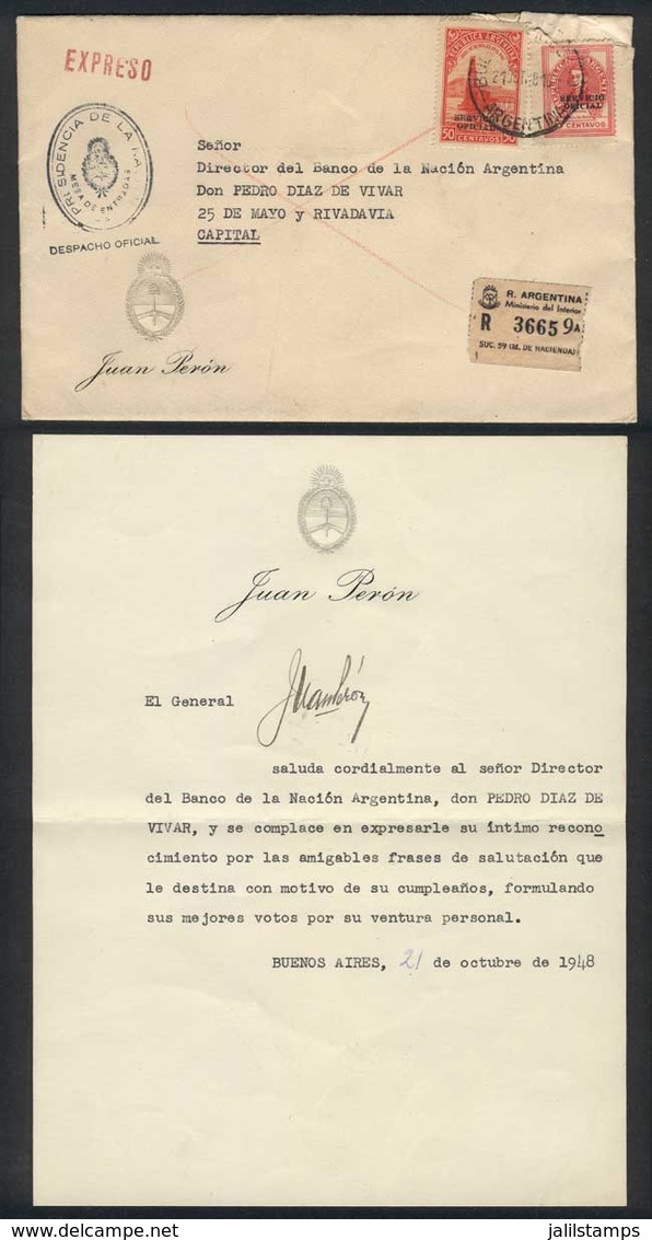 ARGENTINA: Official Cover Sent By Registered Mail On 21/OC/1948, With A Thank-you Letter Signed By President JUAN PERÓN, - Otros & Sin Clasificación