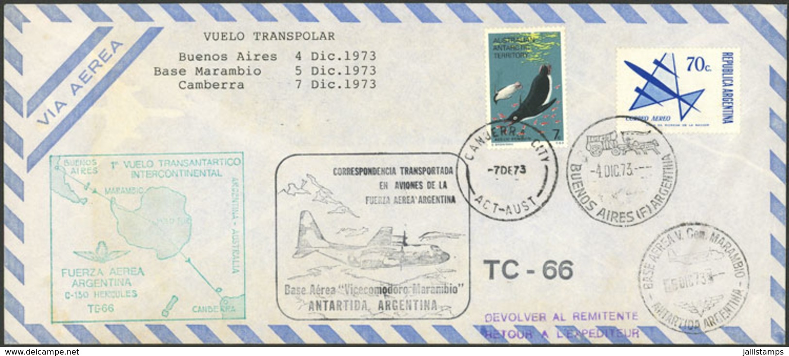 ARGENTINA: 4/DE/1973 Buenos Aires - Australia, First Intl. Trans-polar Flight, Cover With Special Marks And Canberra Arr - Otros & Sin Clasificación