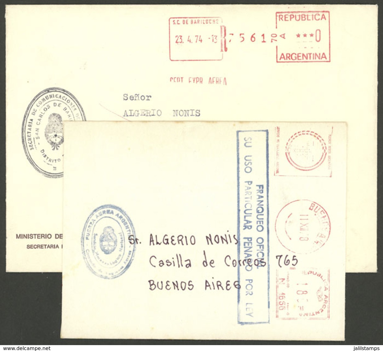 ARGENTINA: 2 OFFICIAL Covers Used In 1974 And 1978, Both With Meter Postage, One Of Value 0 (zero), The Other One Of 180 - Other & Unclassified