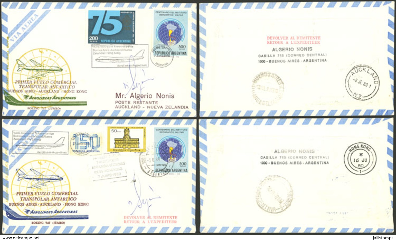 ARGENTINA: 7/JUN/1980 Buenos Aires To New Zealand And Hong Kong, Couple Of Covers Carried On The "First Antarctic Trans- - Sonstige & Ohne Zuordnung