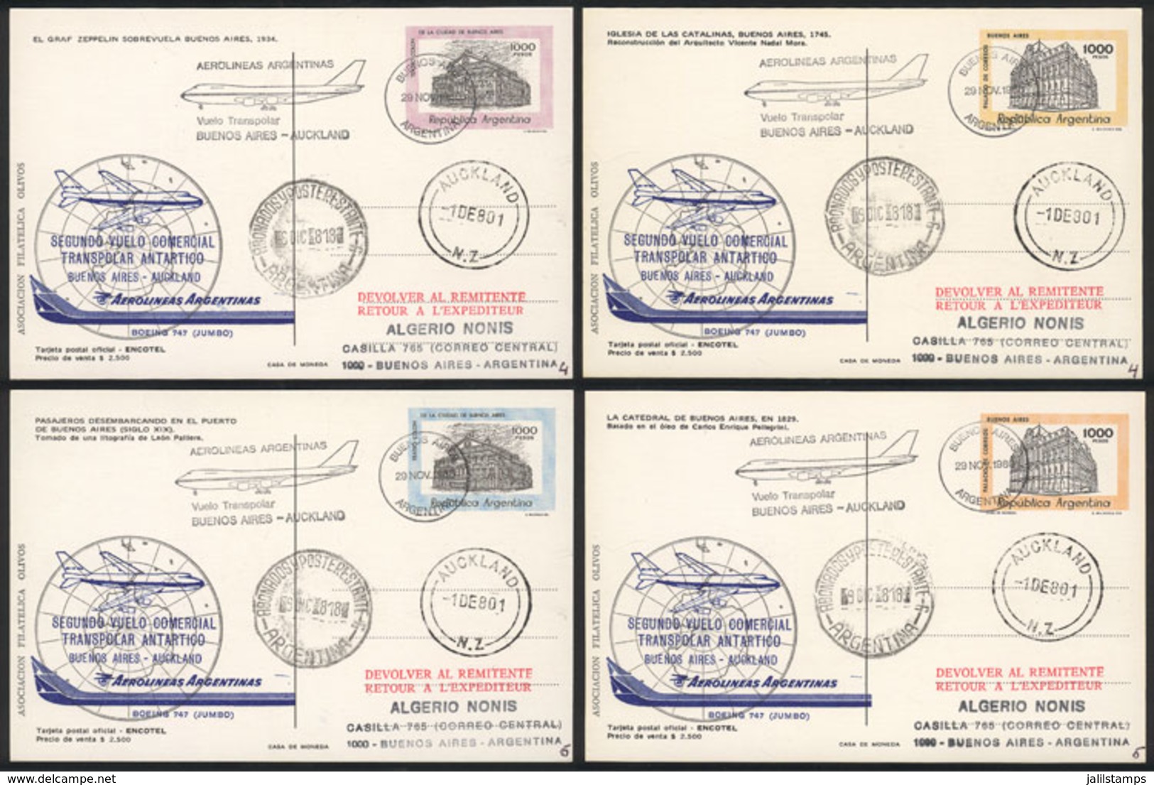 ARGENTINA: 20/NO/1980 Buenos Aires - New Zealand, Second Antarctic Trans-polar Commercial Flight, Set Of 4 Postal Cards  - Sonstige & Ohne Zuordnung