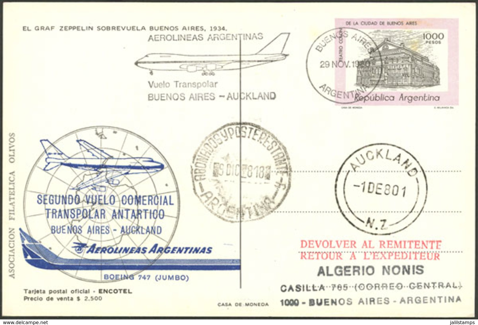 ARGENTINA: 29/NO/1980 Buenos Aires - New Zealand - Buenos Aires, "Second Antarctic Trans-polar Commercial Flight Of Aero - Sonstige & Ohne Zuordnung