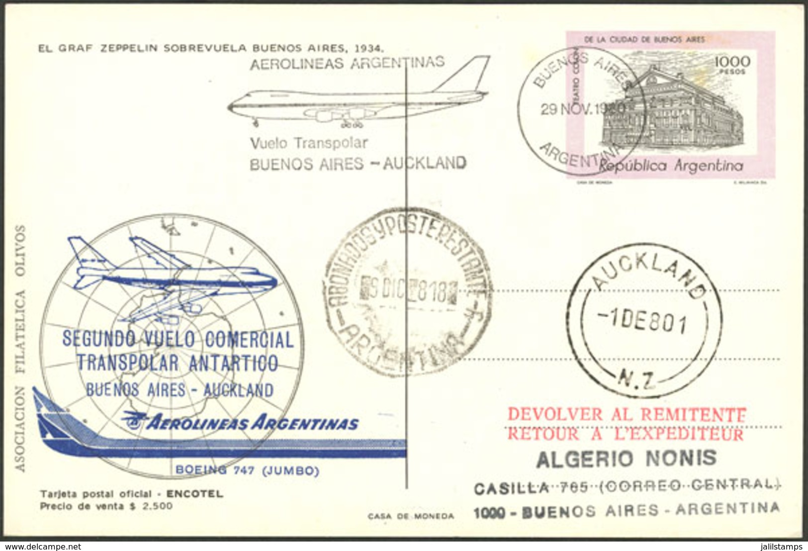 ARGENTINA: 29/NO/1980 Buenos Aires - New Zealand - Buenos Aires, "Second Antarctic Trans-polar Commercial Flight Of Aero - Other & Unclassified