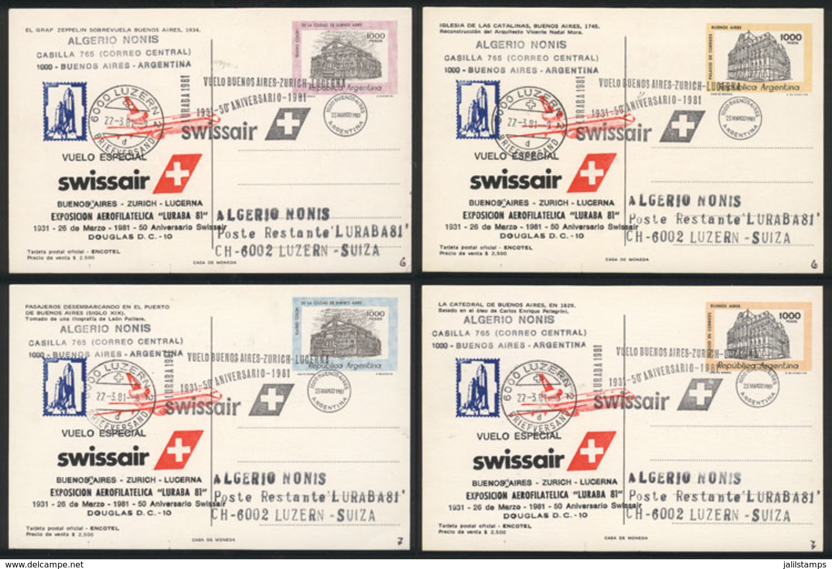 ARGENTINA: 25/MAR/1981 Buenos Aires - Zurich - Luzern, Swissair Special Flight To LURABA 81 Exhibition, Set Of 4 Postal  - Sonstige & Ohne Zuordnung