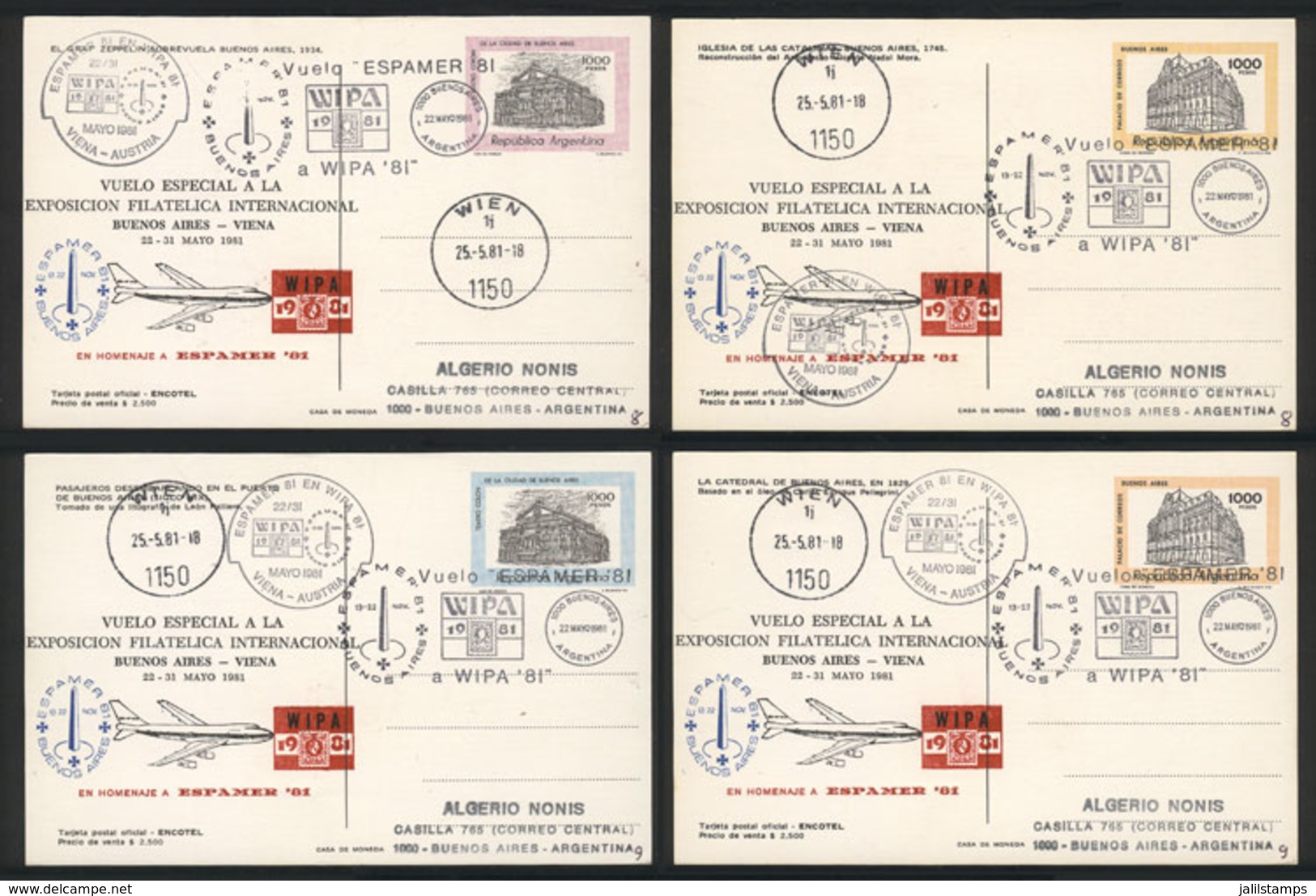 ARGENTINA: 22/MAY/1981 Buenos Aires - Wien, Special Flight To WIPA Exhibition, Set Of 4 Postal Cards (GJ.TAR-98/101) Car - Sonstige & Ohne Zuordnung