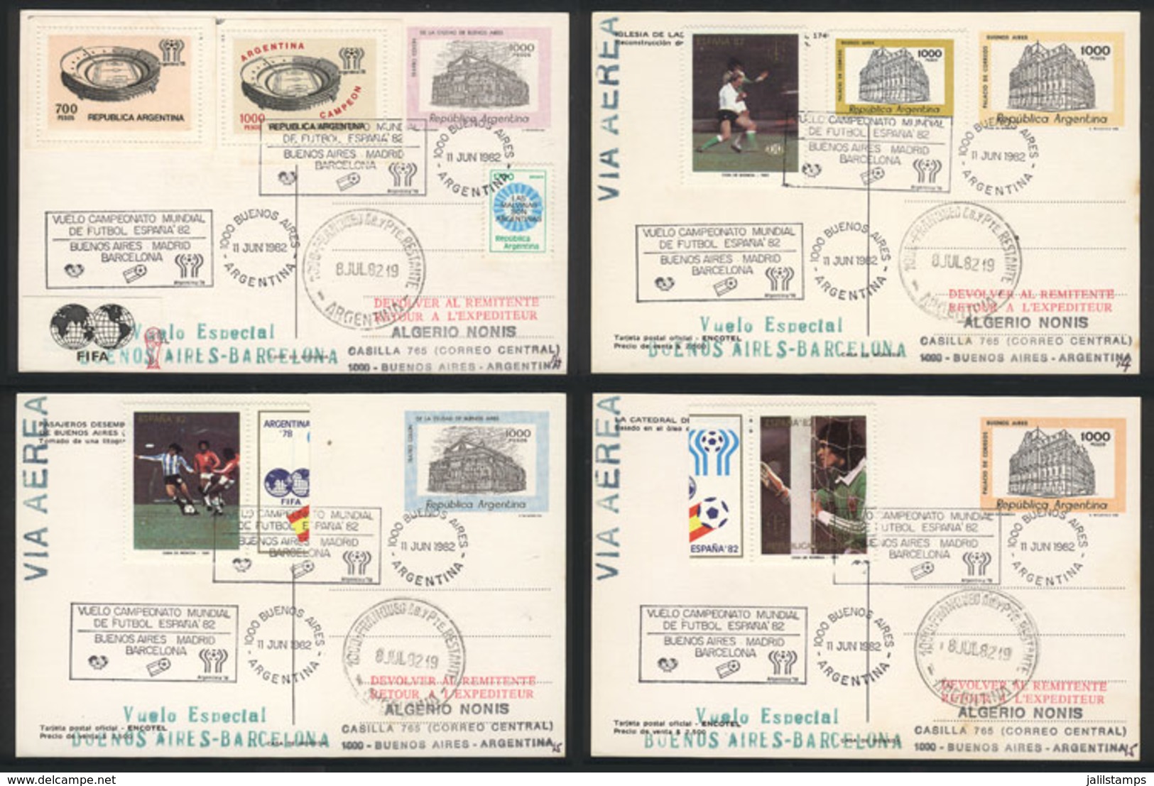ARGENTINA: 11/JUN/1982 Buenos Aires - Barcelona, Special Flight To The Spain 82 Football World Cup, Set Of 4 Postal Card - Sonstige & Ohne Zuordnung