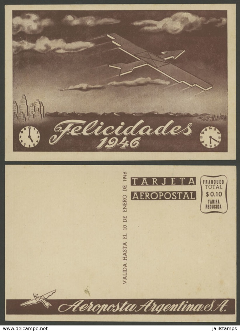 ARGENTINA: New Year Greeting Postcard Of AEROPOSTA ARGENTINA Airline For 1945/6, Unused, Excellent Quality, Rare! - Argentinien