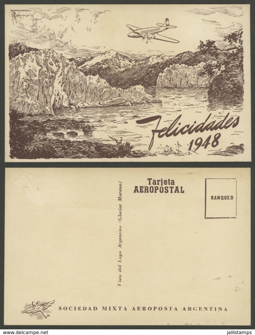 ARGENTINA: New Year Greeting Postcard Of AEROPOSTA ARGENTINA Airline For 1948, Unused, Excellent Quality, Rare! - Argentinien