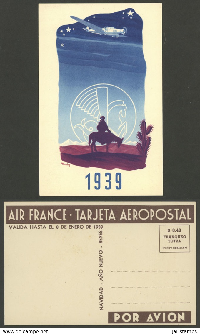 ARGENTINA: New Year Greeting Postcard Of AIR FRANCE For 1938/9, Unused, Excellent Quality, Rare! - Argentinien