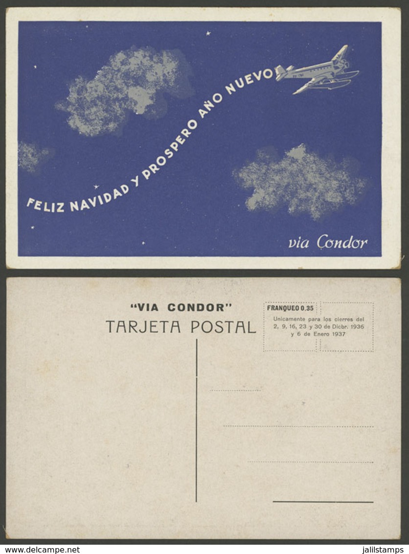 ARGENTINA: New Year Greeting Postcard Of CONDOR Airline For 1936/7, Unused, Excellent Quality, Rare! - Argentina