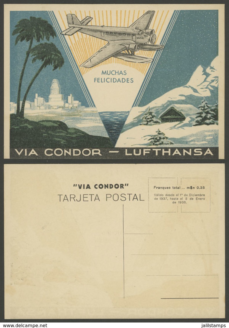 ARGENTINA: New Year Greeting Postcard Of CONDOR - LUFTHANSA Airline For 1937/8, Unused, Excellent Quality, Rare! - Argentina