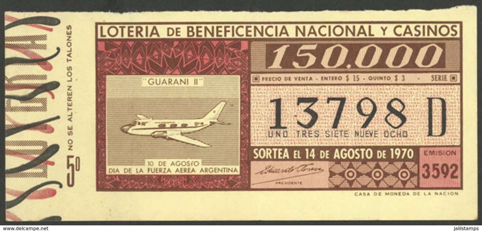 ARGENTINA: Lottery Ticket Of 1970 With View Of Airplane Guaraní II, Commemorating The Air Force Day, VF! - Lottery Tickets