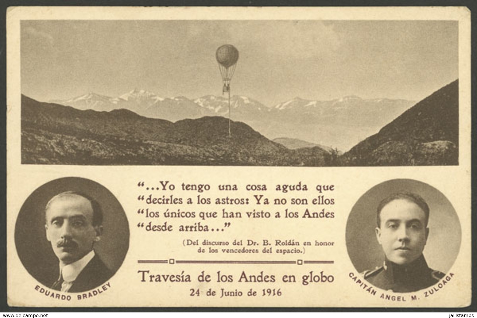 ARGENTINA: PC Commemorating The Balloon Flight Over The Andes, By Bradley & Zuloaga (1916), Ed. Peuser,unused, VF Qualit - Argentina