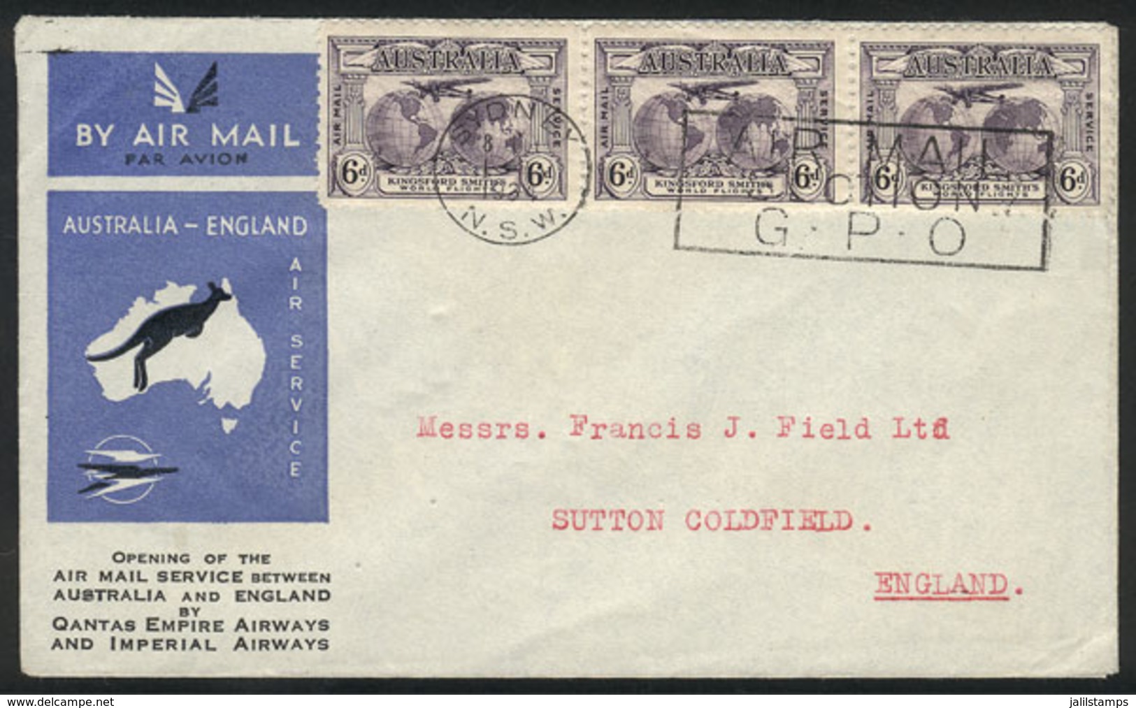 AUSTRALIA: MAR/1934 First Flight Australia - England Of Quantas, Cover Franked By Sc.C3 Strip Of 3, VF Quality! - Other & Unclassified