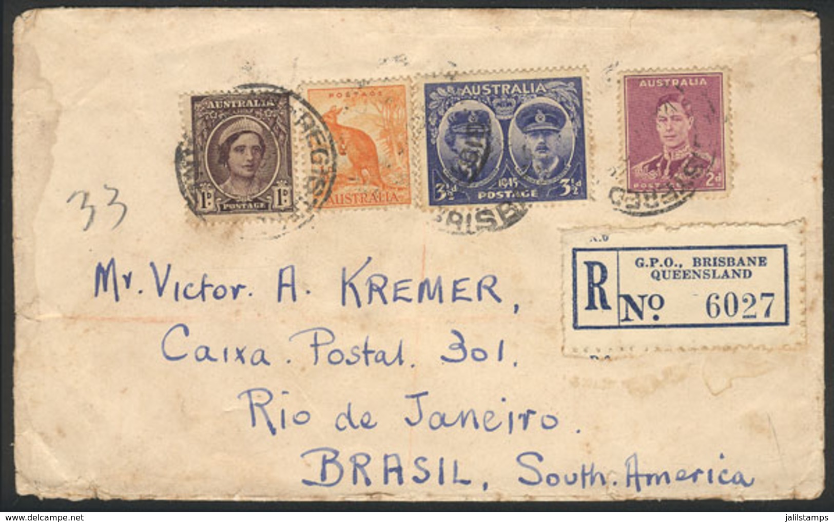 AUSTRALIA: Registered Cover Sent From Brisbane To Brazil In NO/1945 With Nice 4-color Postage! - Sonstige & Ohne Zuordnung
