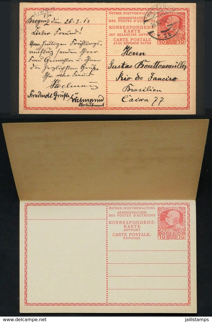 AUSTRIA: Double Postal Card Of 10h. + 10h., Sent To Brazil On 26/MAR/1913, With The Unused Reply Attached, VF Quality! - Other & Unclassified