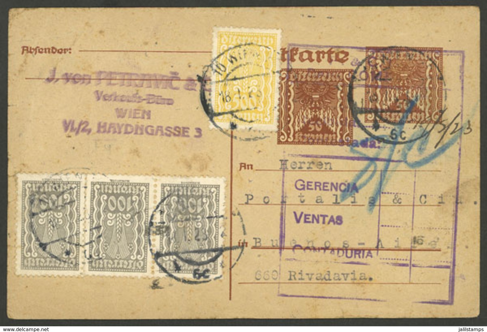 AUSTRIA: INFLATION POSTAGE: Postal Card Of 50+50Kr. + Additional Postage (total 900Kr.) Sent To Argentina On 18/JA/1923, - Sonstige & Ohne Zuordnung