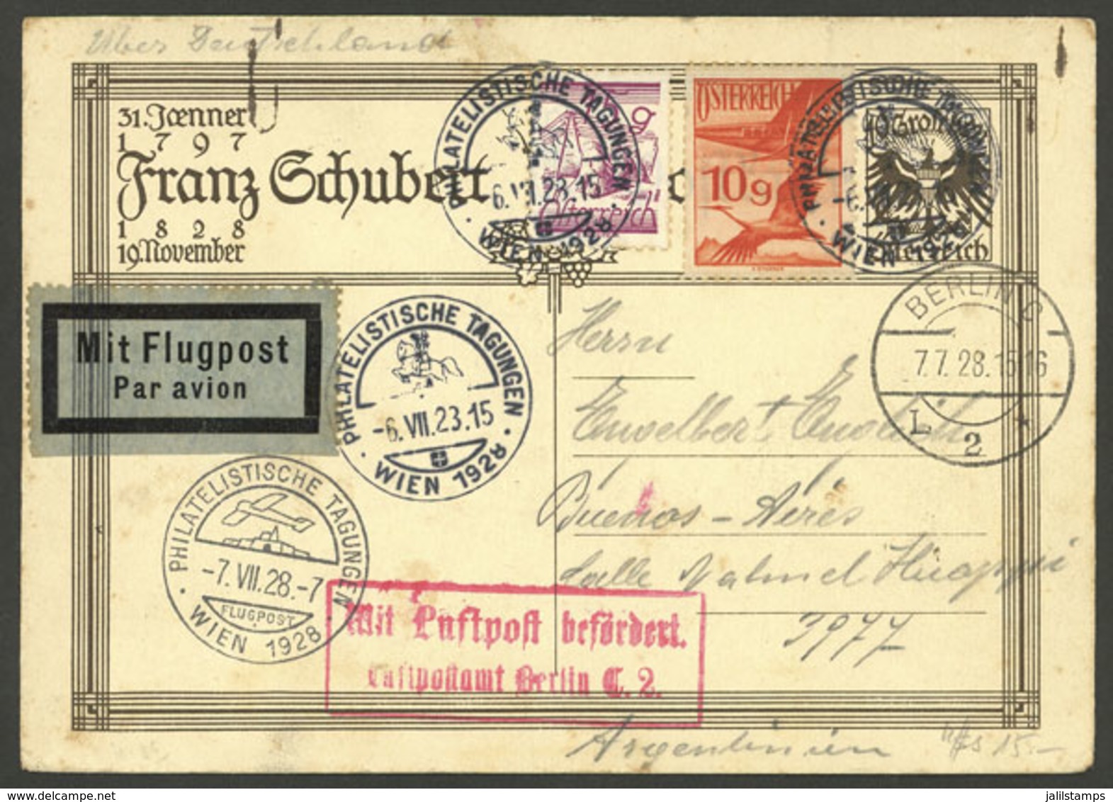 AUSTRIA: 6/JUL/1928 Wien - Argentina, Postal Card With Postmark Of The Vienna Philatelic Exhibition And Flight To Berlin - Other & Unclassified