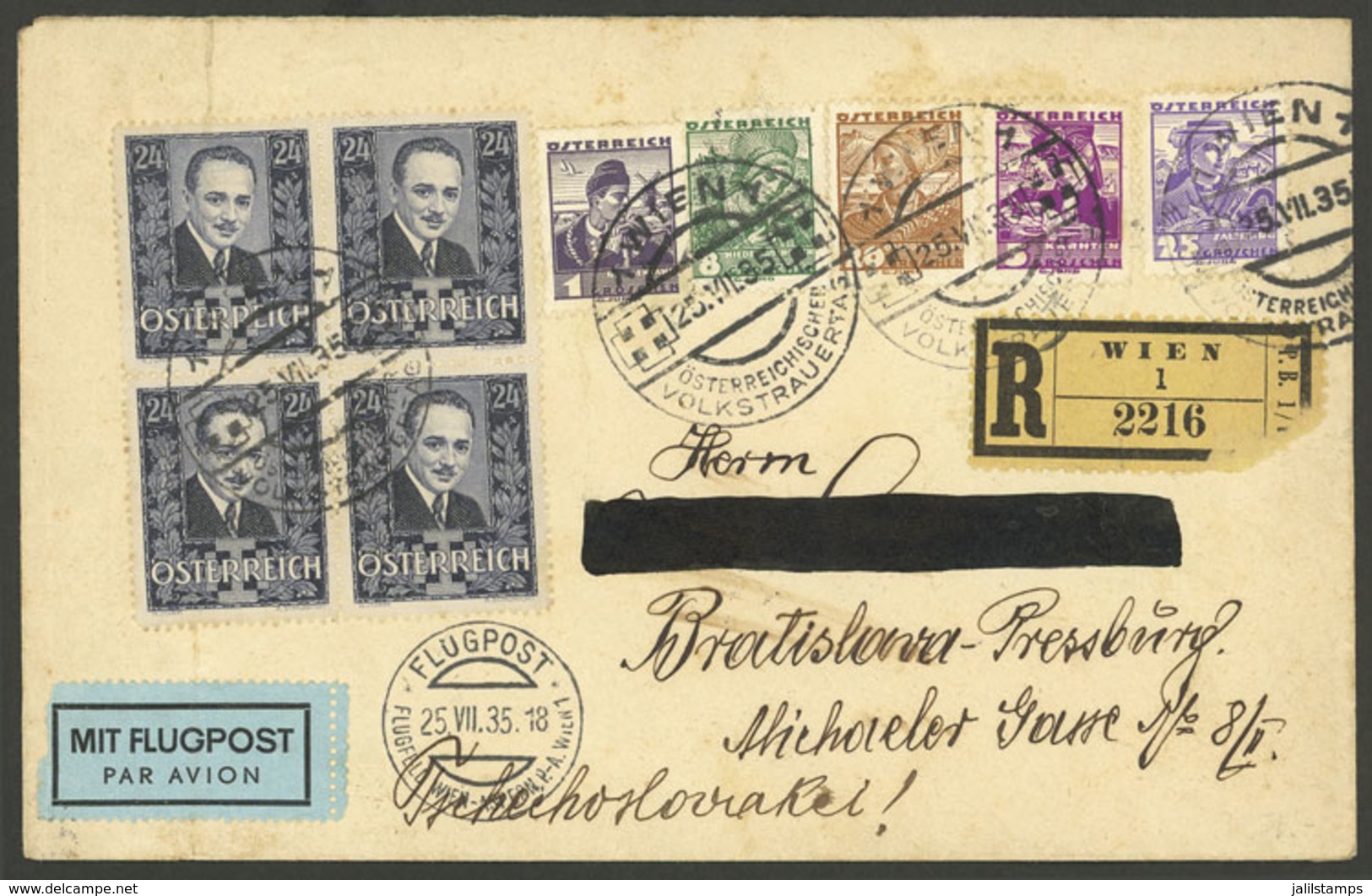 AUSTRIA: Registered Airmail Cover Sent From Wien To Czechoslovakia On 25/JUL/1935, Handsome Franking, VF Quality! - Otros & Sin Clasificación