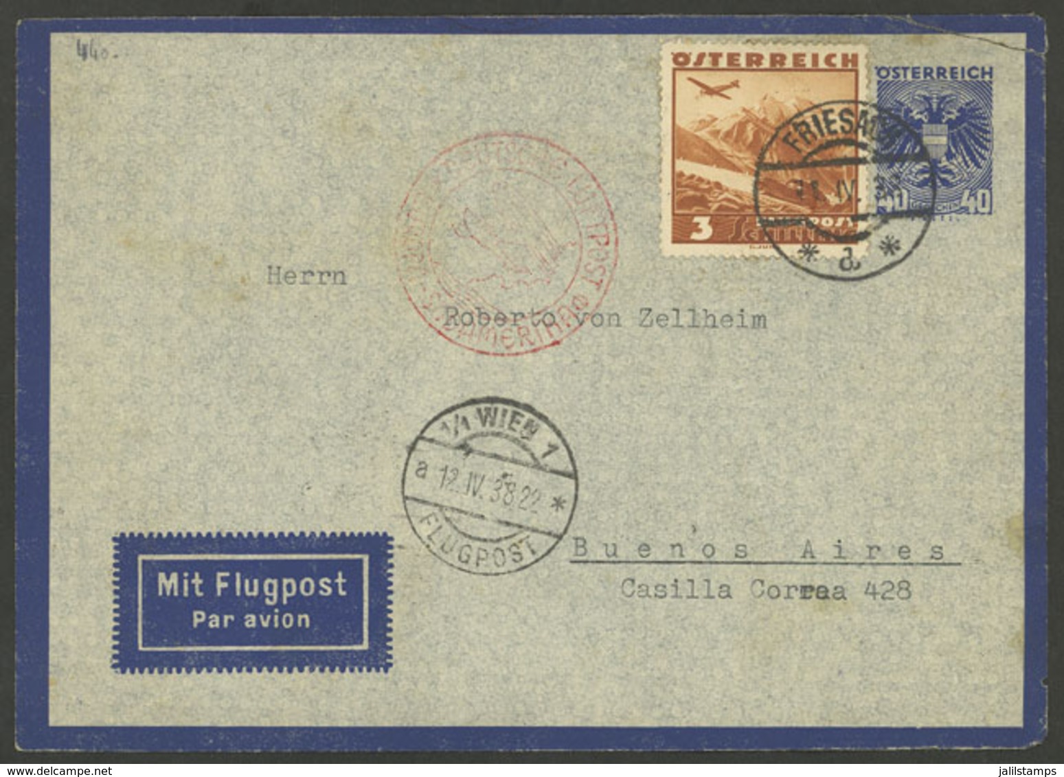 AUSTRIA: 11/JUN/1938 Friesach - Argentina, Airmail Stationery Envelope Of  40gr. + 3S., With Transit Of Wien, DLH Mark A - Other & Unclassified