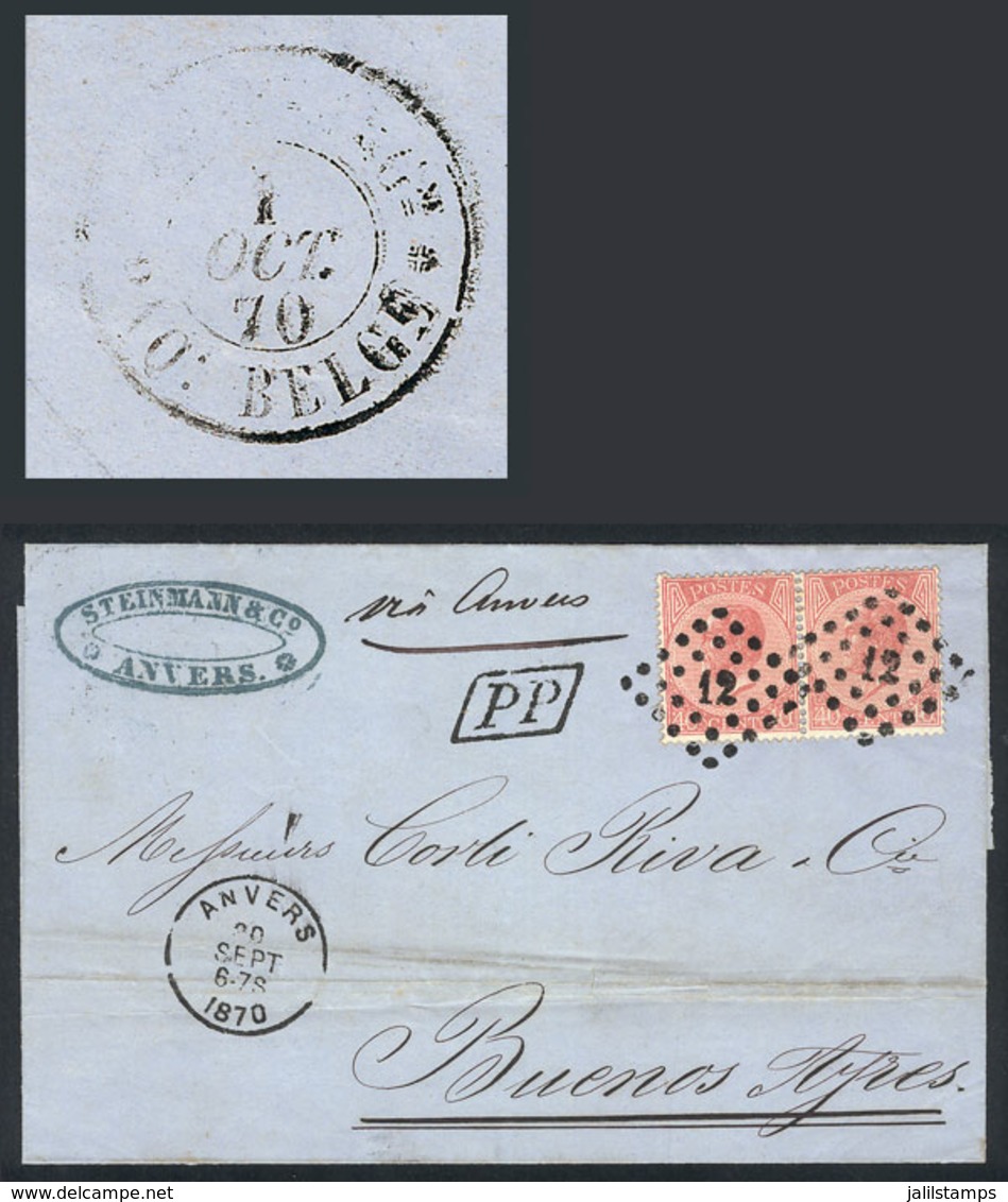 BELGIUM: 30/SE/1870 ANVERS - Argentina: Folded Cover Franked With Pair Sc.21a (Leopold I 40c. Rose Perf 14½x14), With Nu - Otros & Sin Clasificación