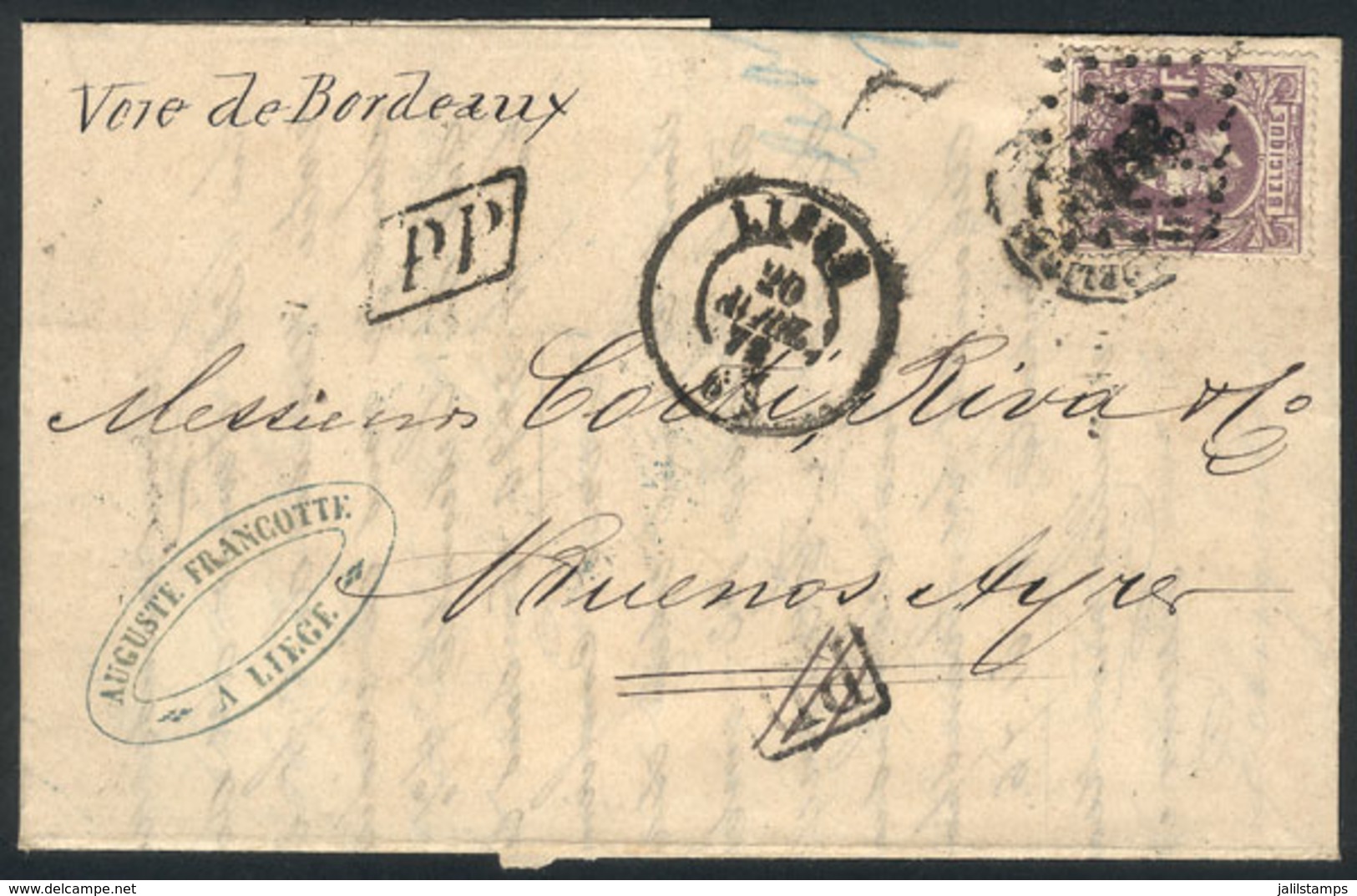 BELGIUM: 2/APR/1872 LIEGE - Argentina: Entire Letter Franked By Sc.36 (1 Fr. Leopold II) With Two Overlapping Cancels (n - Sonstige & Ohne Zuordnung