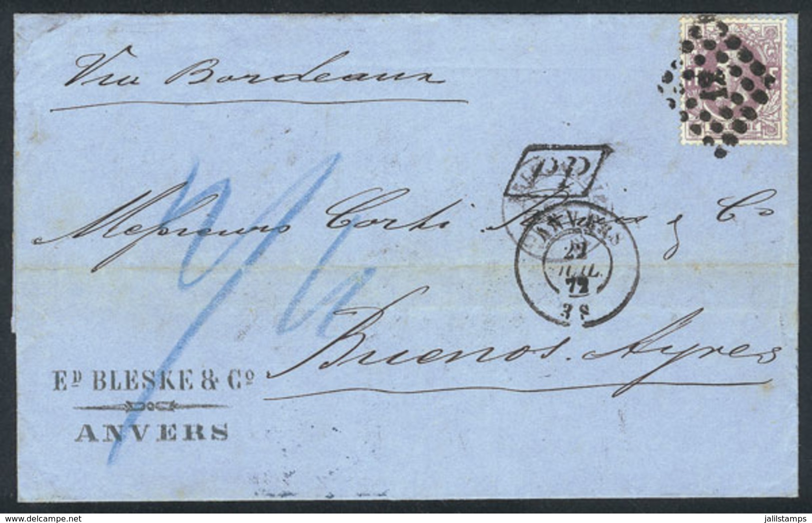 BELGIUM: 22/JUL/1872 ANVERS - Argentina: Entire Letter Franked With Pair Sc.36 (Leopold II 1Fr. Light Lical), With Numer - Other & Unclassified