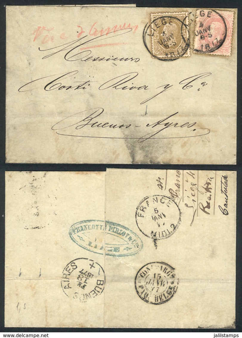 BELGIUM: 4/JA/1877 LIÉGE - Argentina: Folded Cover Franked With Sc.35 + 37 (Leopold II 25c. Olive + 40c. Rose), Datestam - Other & Unclassified