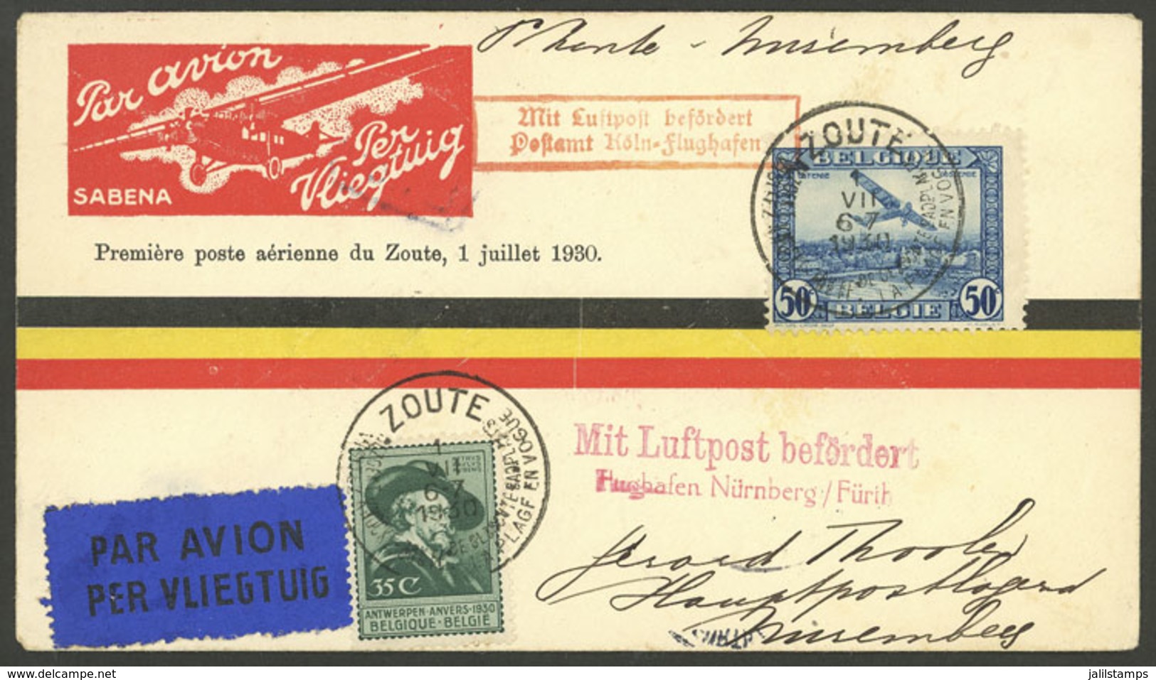 BELGIUM: 1/JUL/1930 Zoute - Köln, First Flight, Cover Of VF Quality With Arrival Backstamps! - Otros & Sin Clasificación