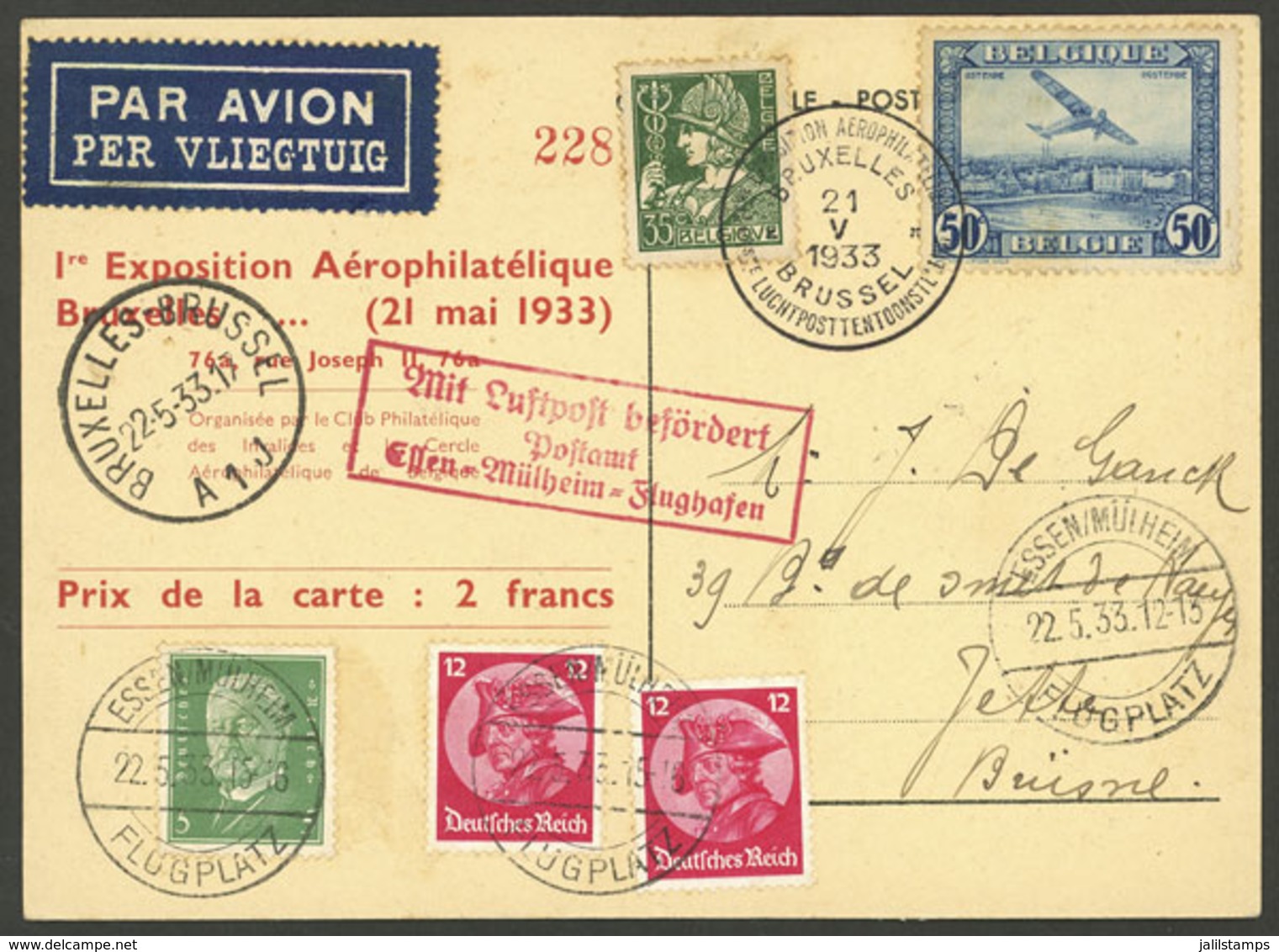 BELGIUM: 21/MAY/1933 Bruxelles - Essen - Bruxelles, Postcard Carried On Special Flight Of Aerophilately Exhibition, Very - Otros & Sin Clasificación