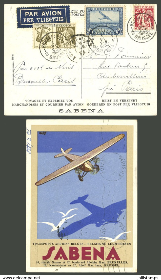 BELGIUM: 1/JUN/1933 First Night Flight Bruxelles - Paris, Special Postcard With Arrival Backstamp, VF! - Other & Unclassified