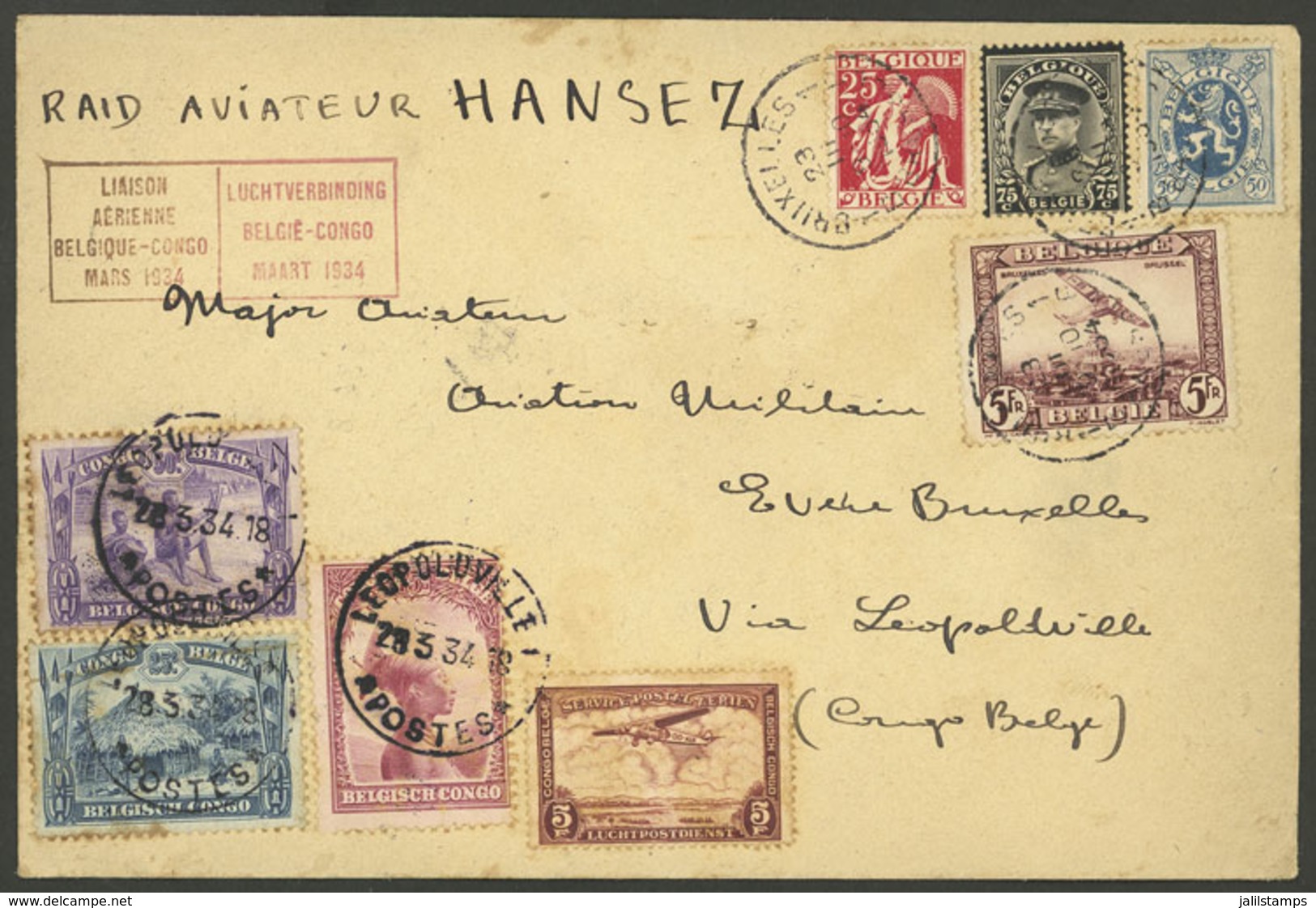 BELGIUM: 23/MAR/1934 Bruxelles - Leopoldville (Belgian Congo) And Return, Cover With Postage Of Both Countries, Bearing  - Other & Unclassified