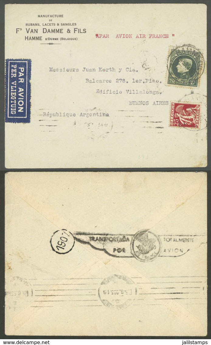 BELGIUM: 29/MAY/1935 Hamme - Argentina, Airmail Cover Carried By Air France With Special Handstamp On Back - Otros & Sin Clasificación