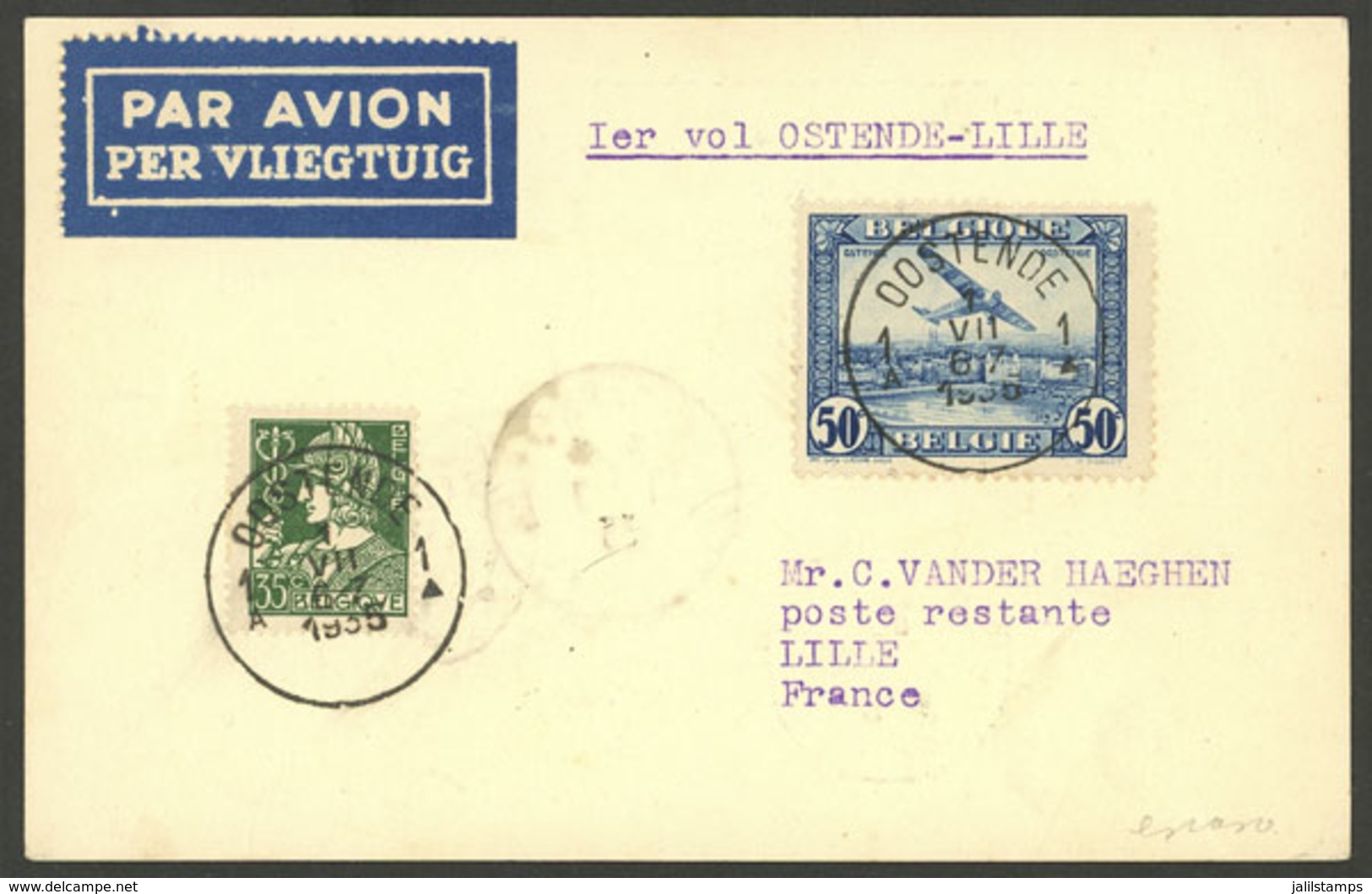 BELGIUM: 1/JUL/1935 Ostende - Lille, First Flight, Card Of Very Fine Quality With Arrival Backstamps! - Sonstige & Ohne Zuordnung