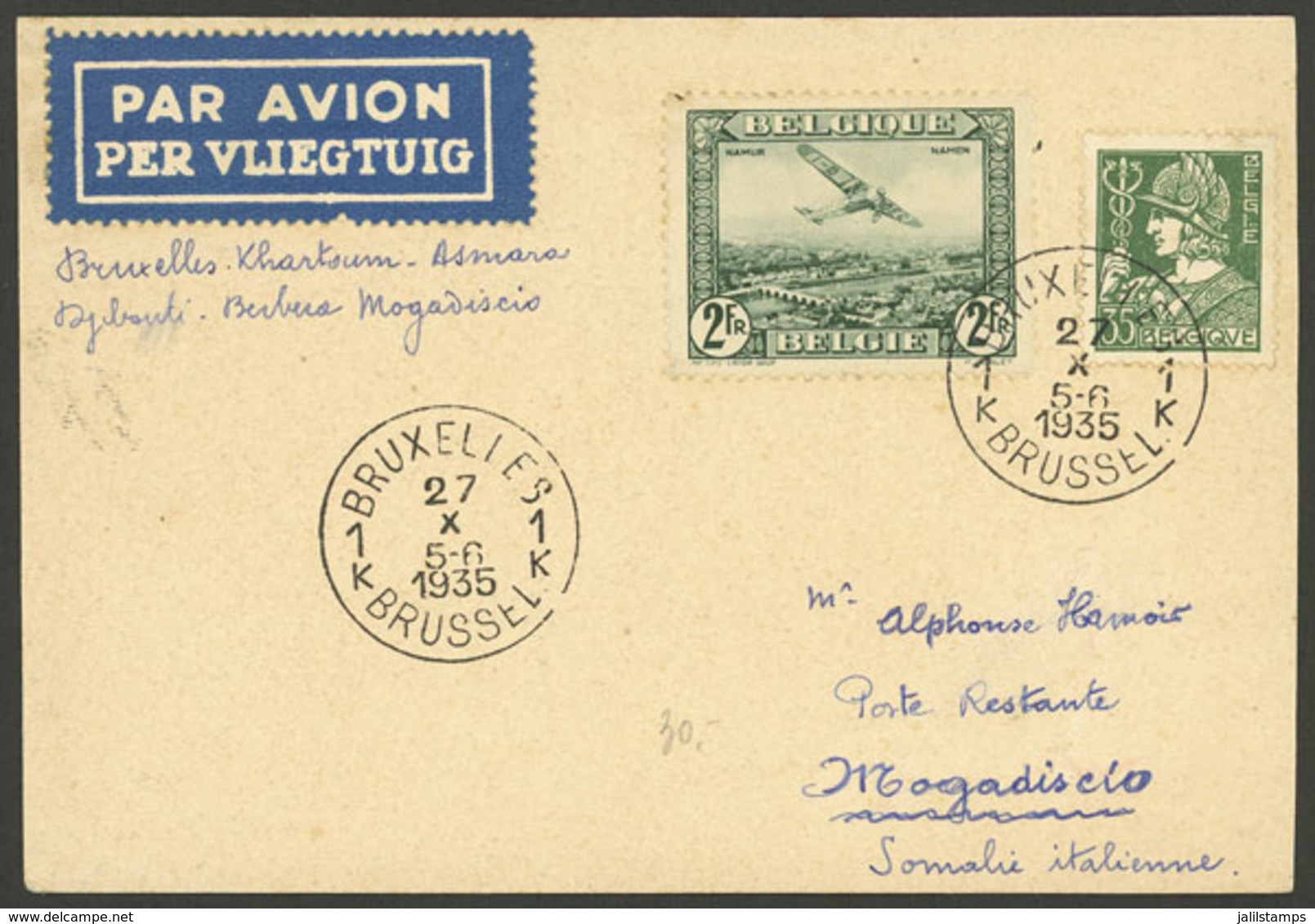 BELGIUM: 27/OC/1935 Bruxelles - Mogadiscio (Italian Somaliland), Card With Arrival Mark On Back (14/NO), VF Quality! - Otros & Sin Clasificación